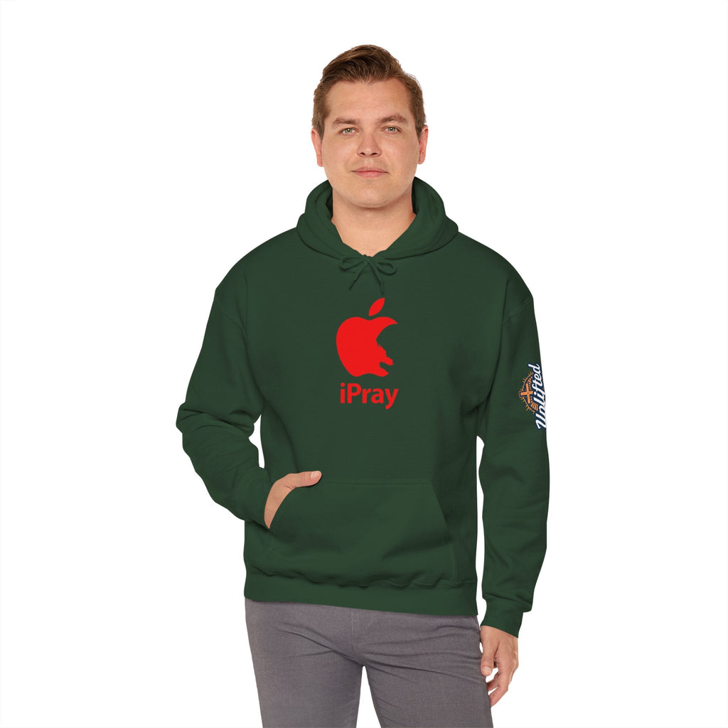 iPray Apple Logo Hoodie — Funny Christian Hoodie (Minimal Red Apple Graphic) Printify