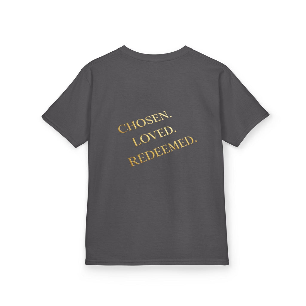 ✨ Chosen. Loved. Redeemed. – Elegant Christian Kids T-Shirt | Gold Foil Faith Tee | Subtle Cross & Heart Design | Inspirational Bible Verse Apparel by Uplifted Gear Printify