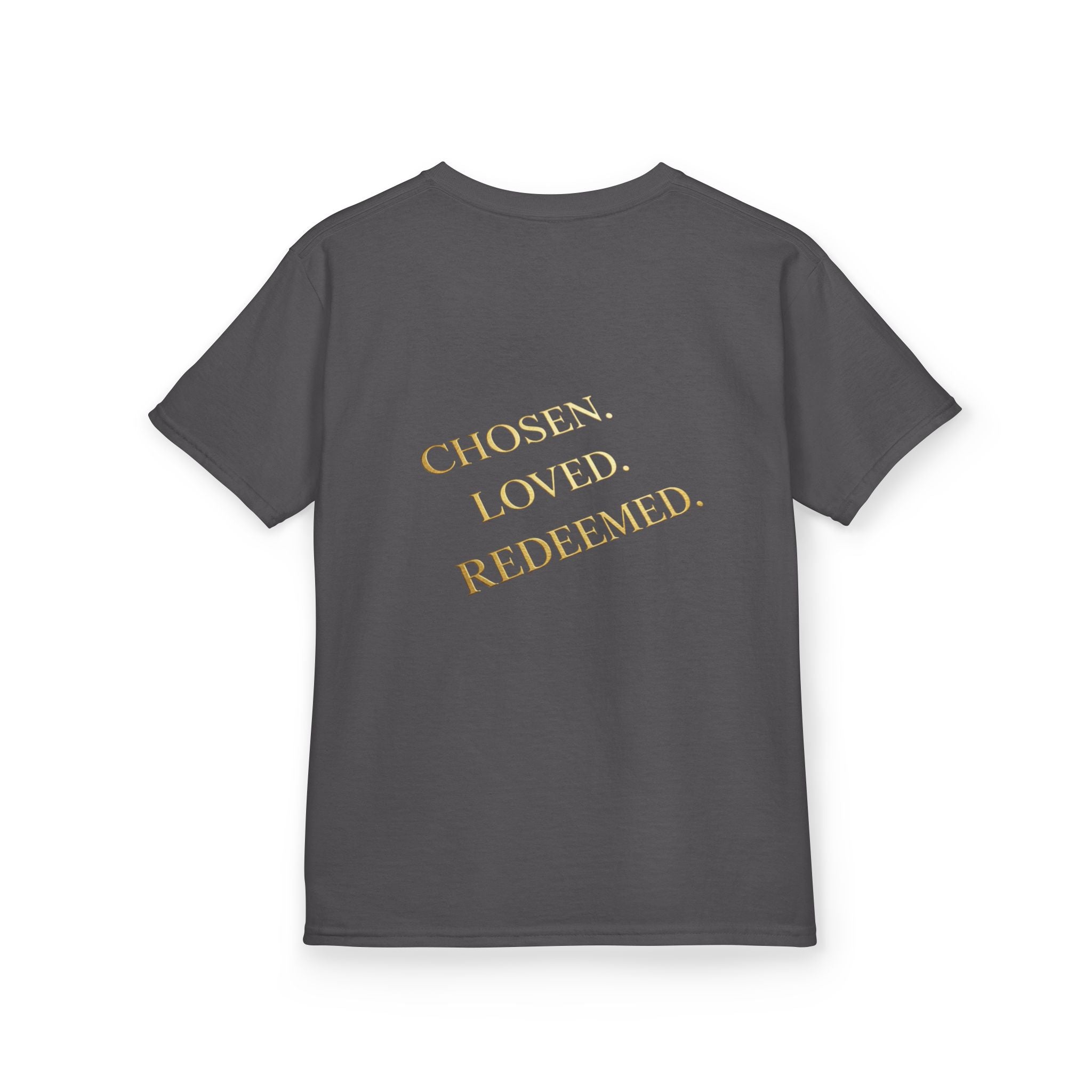 ✨ Chosen. Loved. Redeemed. – Elegant Christian Kids T-Shirt | Gold Foil Faith Tee | Subtle Cross & Heart Design | Inspirational Bible Verse Apparel by Uplifted Gear Printify