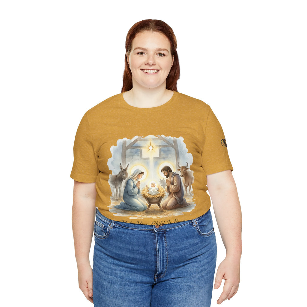 Unto Us a Child is Born T-shirt – Isaiah 9:6 Nativity Manger Scene Christian Christmas T-shirt for Holy Night Faith Printify