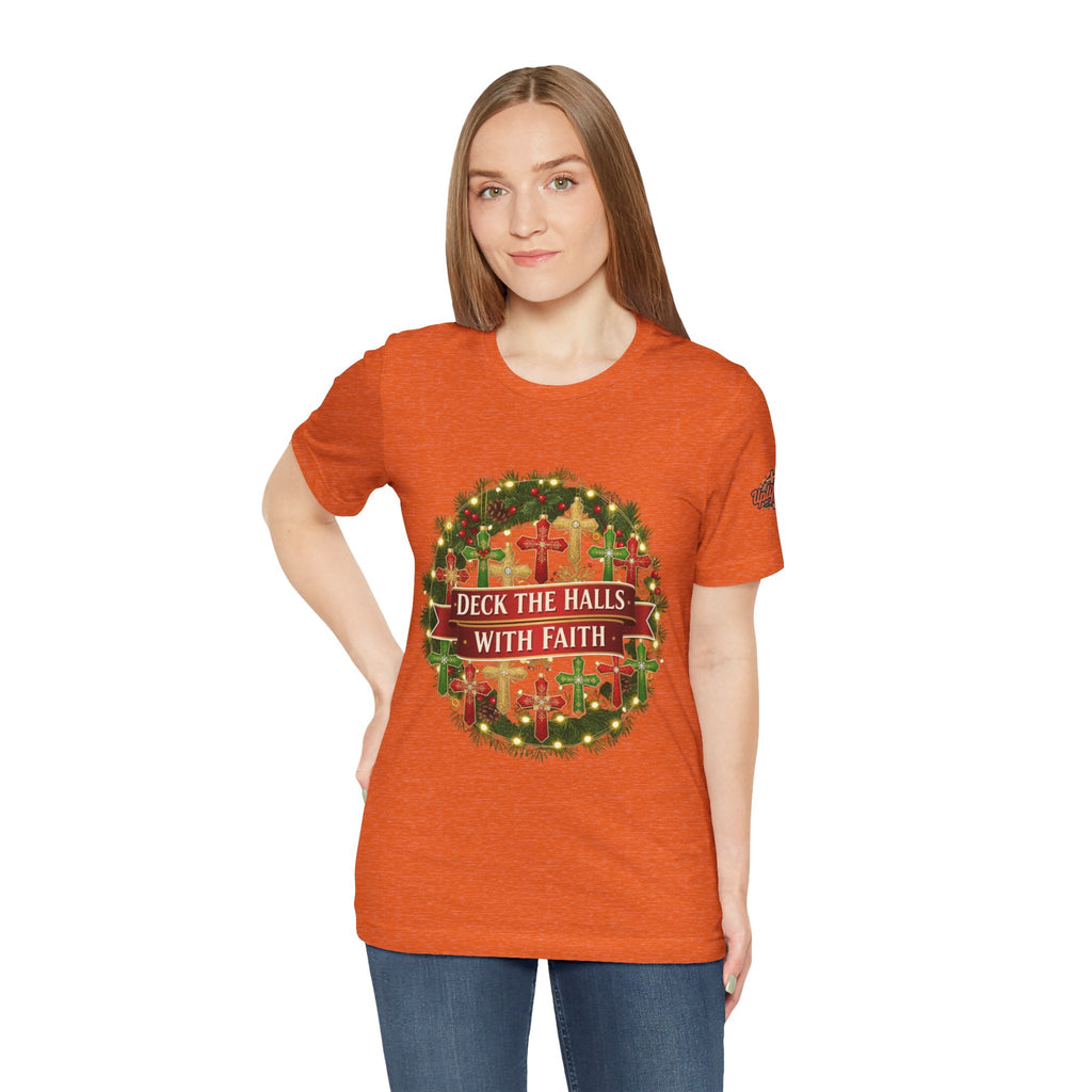 🎄 Deck the Halls with Faith – Christian Christmas T-Shirt | Cross Ornament Design & Festive Garland | Bold Holiday Faith Tee by Uplifted Gear Printify