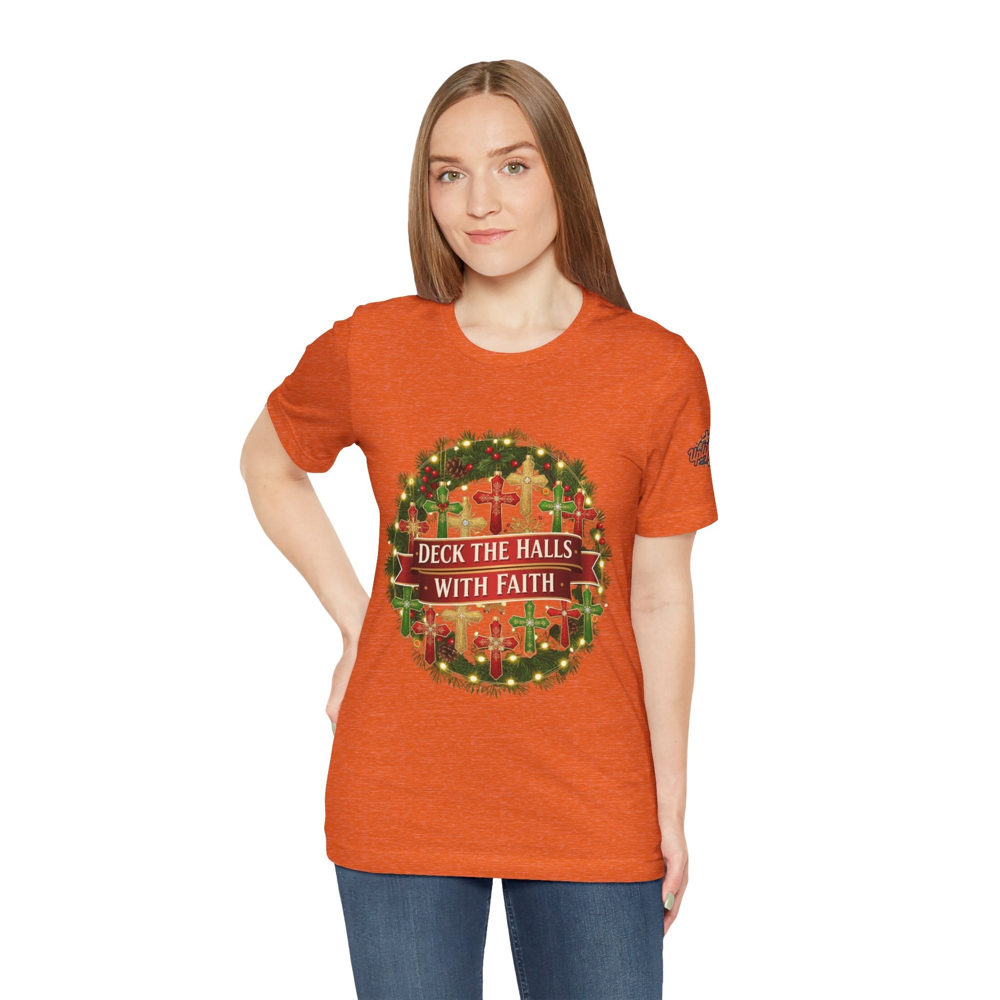 🎄 Deck the Halls with Faith – Christian Christmas T-Shirt | Cross Ornament Design & Festive Garland | Bold Holiday Faith Tee by Uplifted Gear Printify