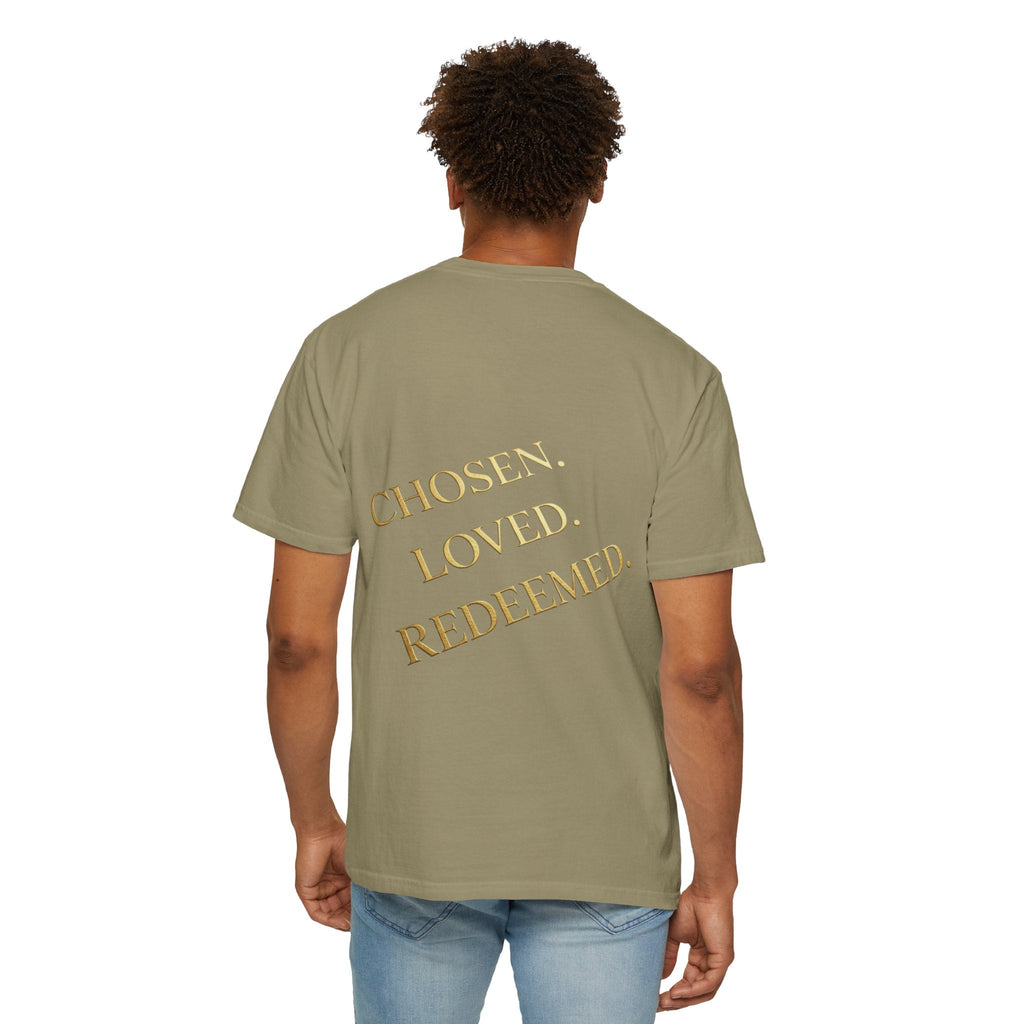 ✨ Chosen. Loved. Redeemed. – Elegant Christian T-Shirt | Gold Foil Faith Tee | Subtle Cross & Heart Design | Inspirational Bible Verse Apparel by Uplifted Gear Printify