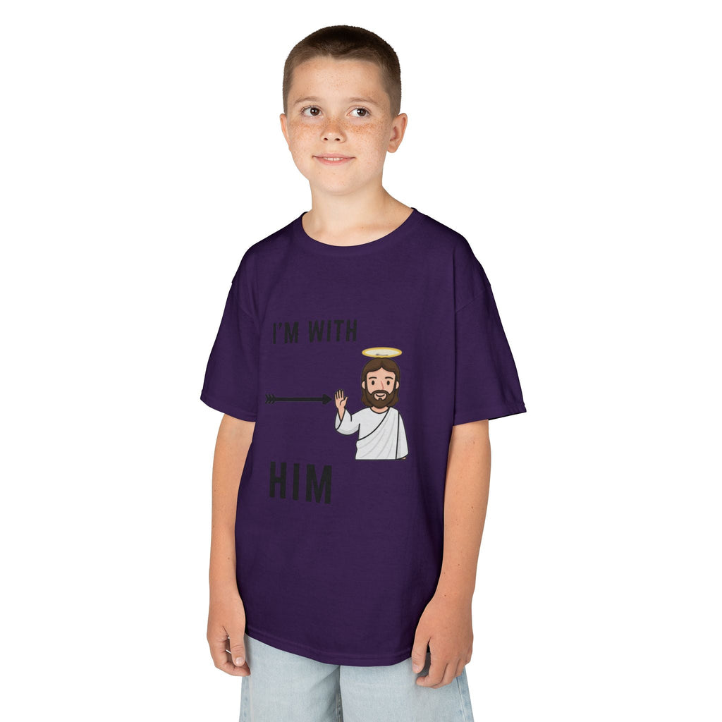 🔥 I’m With Him → Christian Kids T-Shirt | Arrow Pointing to Jesus | Minimalist Faith Tee | Subtle Cross Design | Bible-Inspired Apparel by Uplifted Gear Printify