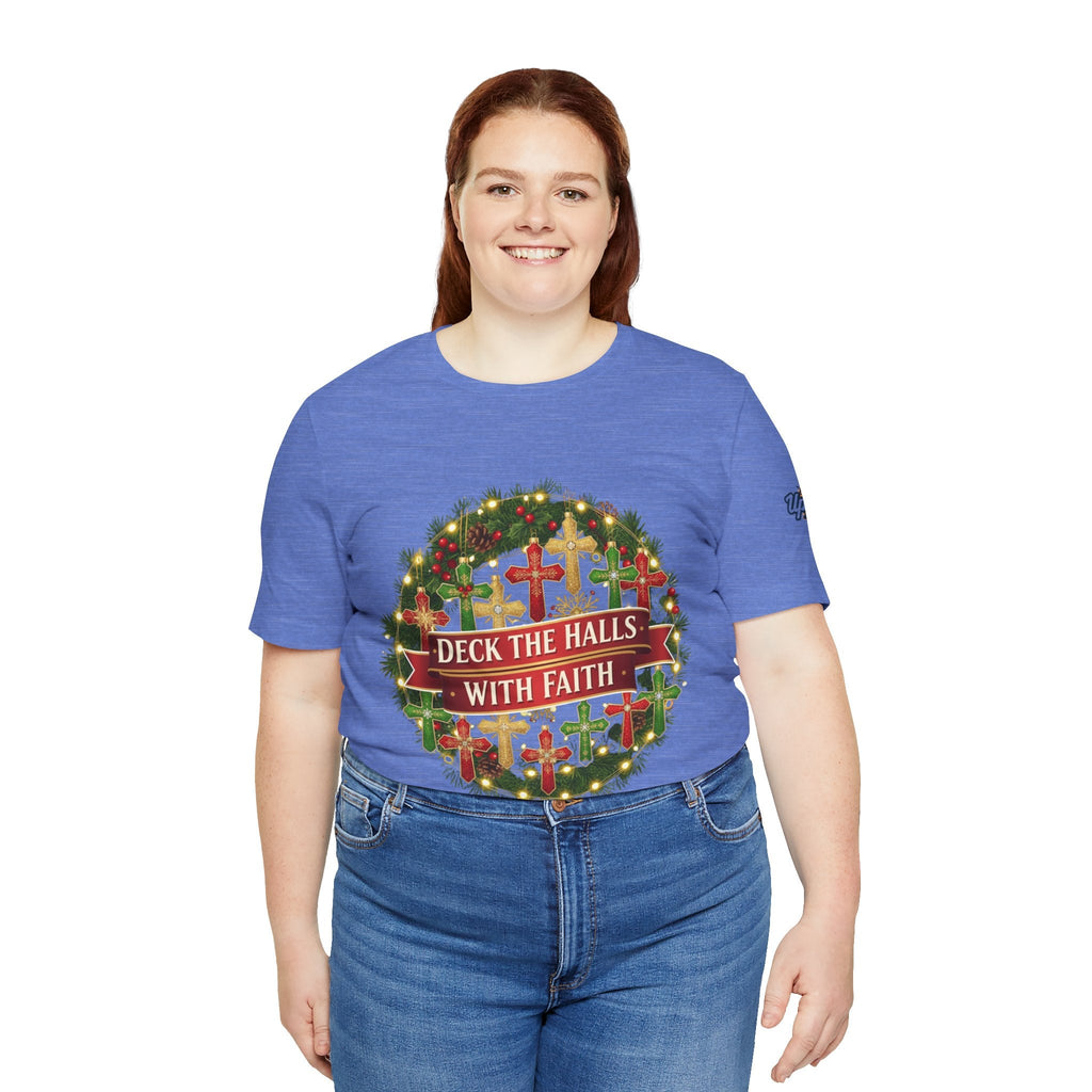 🎄 Deck the Halls with Faith – Christian Christmas T-Shirt | Cross Ornament Design & Festive Garland | Bold Holiday Faith Tee by Uplifted Gear Printify