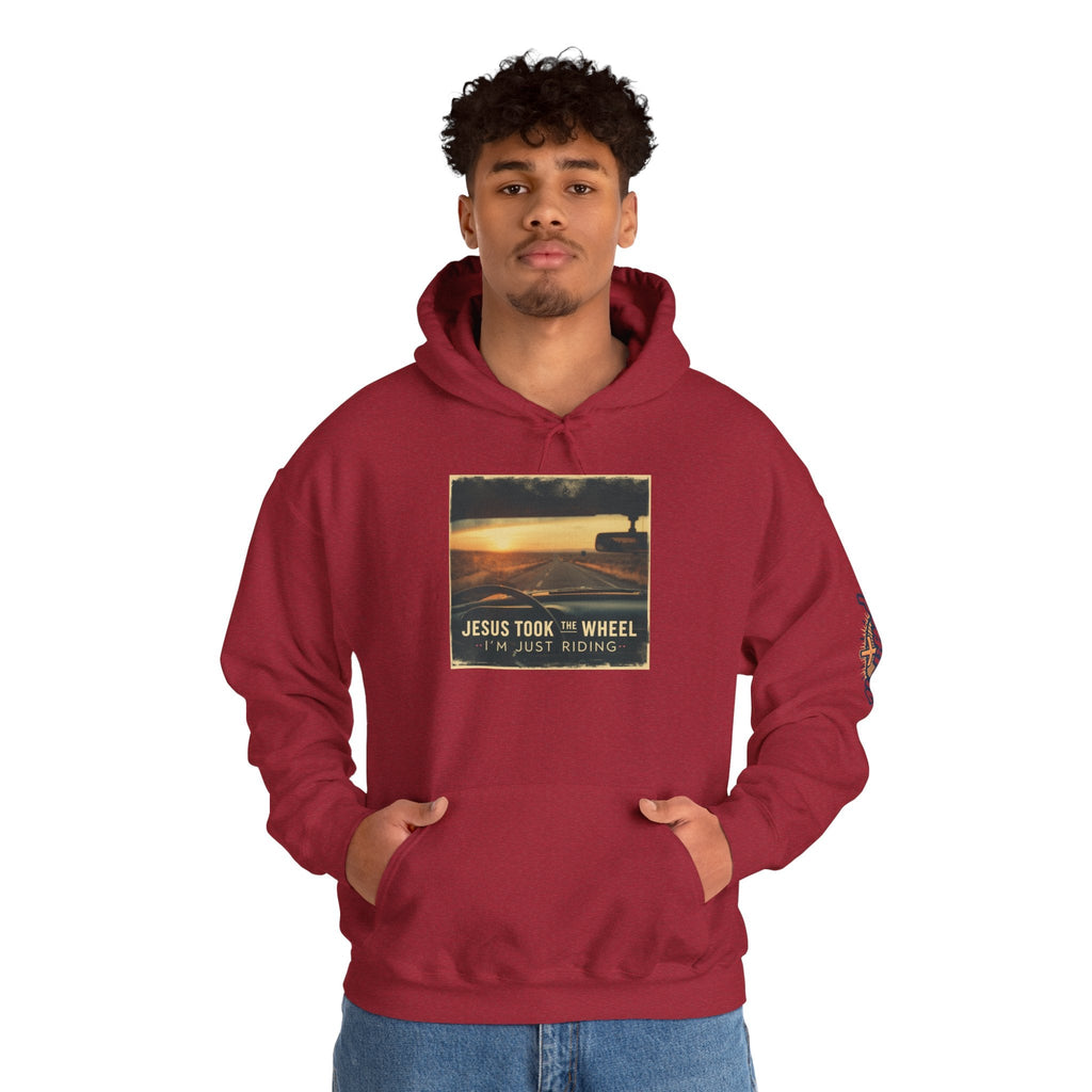 Jesus Took the Wheel I'm Just Riding Hoodie – Funny Christian Convertible Car Sweatshirt for Surrendered Faith & Humor Printify