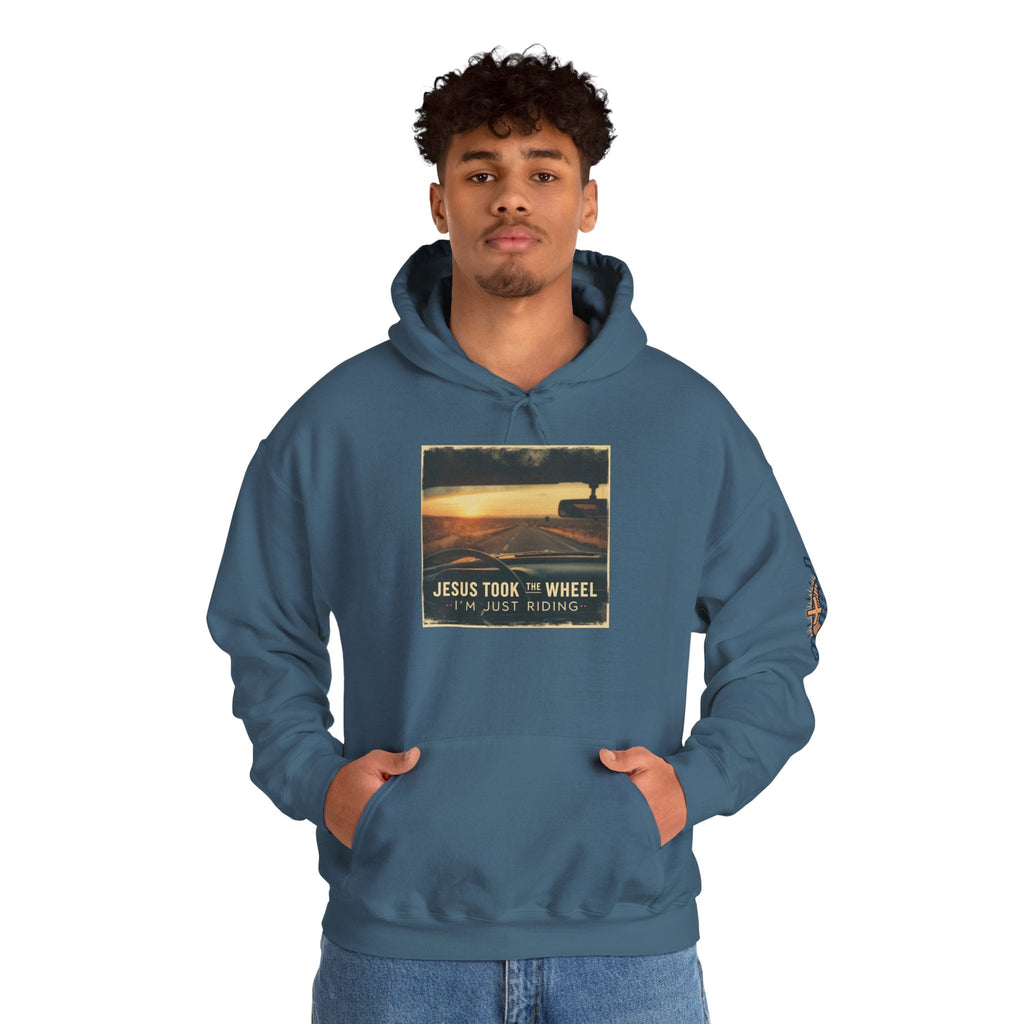 Jesus Took the Wheel I'm Just Riding Hoodie – Funny Christian Convertible Car Sweatshirt for Surrendered Faith & Humor Printify