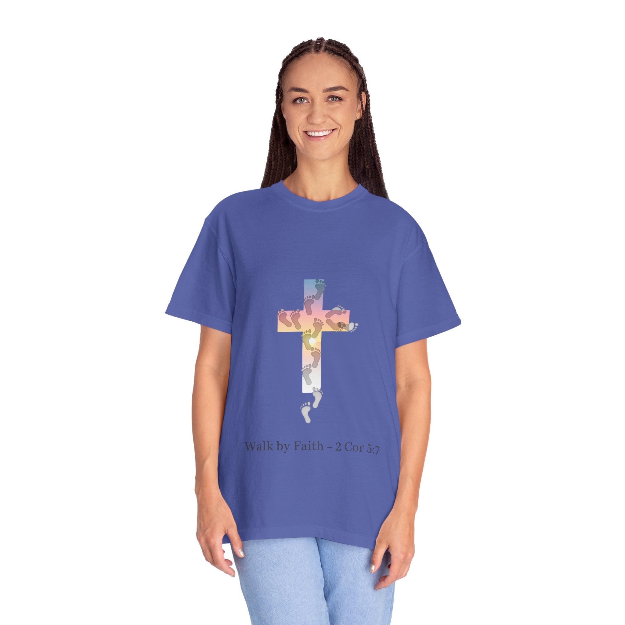 Walk by Faith T-Shirt – Cross & Footprints Christian Tee for Bold Believers Printify