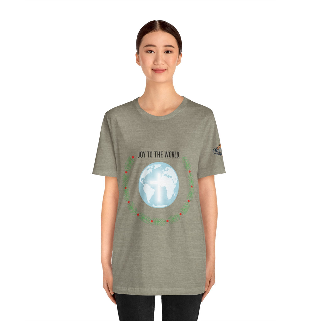 Joy to the World T-shirt – Wreath Earth Nativity Christian Christmas T-shirt for Isaiah 9:6 Holiday Faith & Festive Joy Printify