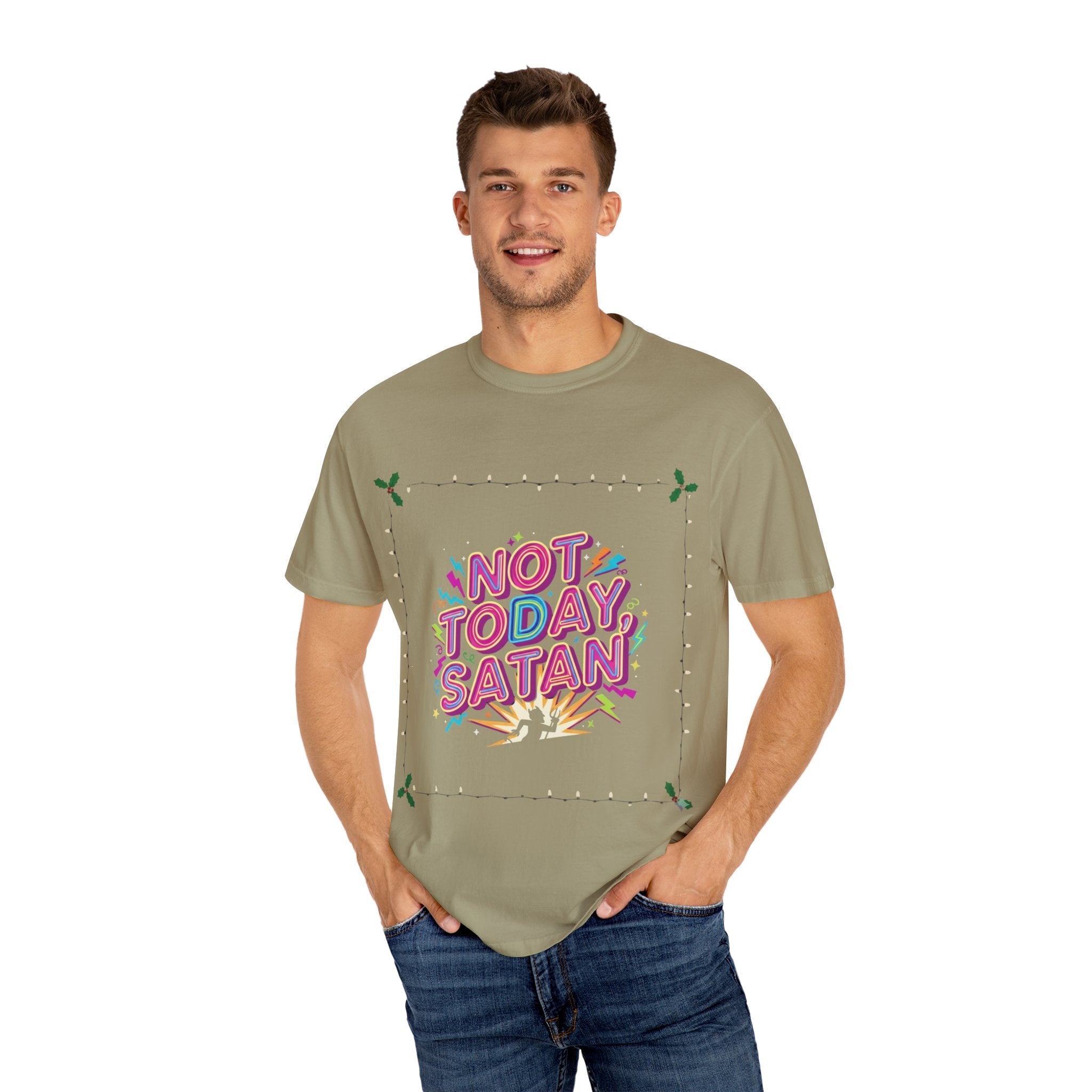 🔥 Not Today, Satan – Retro 90s Christian T-Shirt | Neon Faith Tee | Funky Cartoon Devil | Bold Bible Verse Shirt | Uplifted Gear Printify