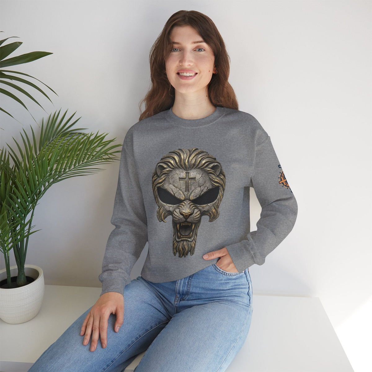 Lion of Judah Skull Christian Sweatshirt - Warrior Faith Cross Sweatshirt Printify