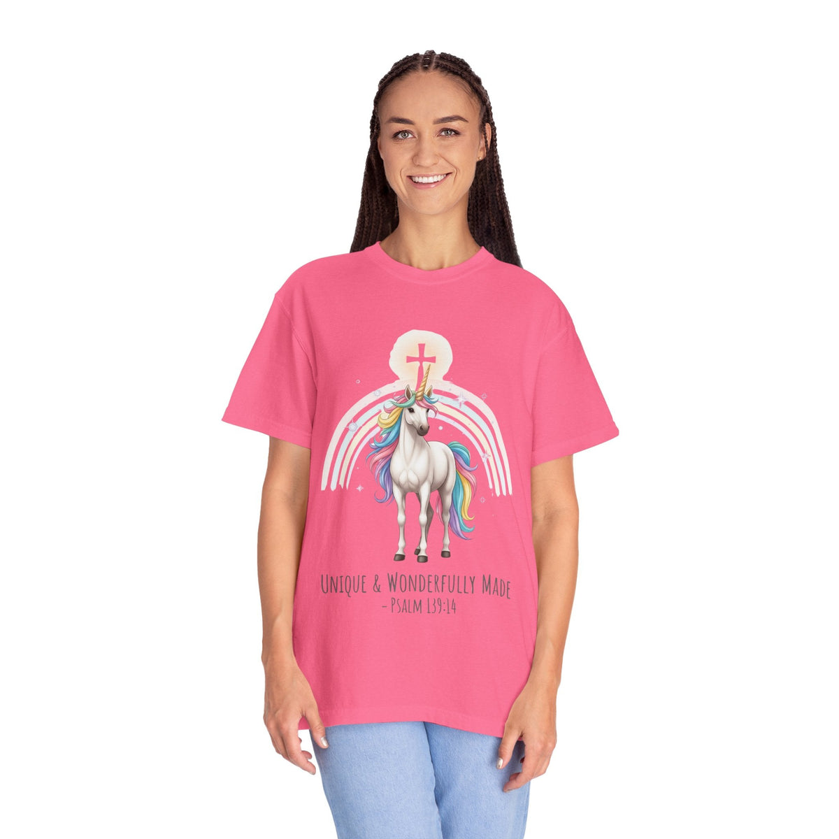 Unique Unicorn Christian T-Shirt – Wonderfully Made with Rainbow Cross & Psalm 139:14 Printify