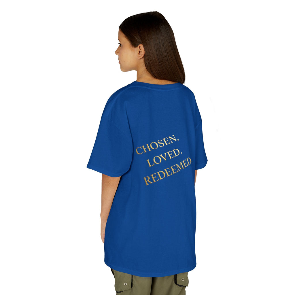 ✨ Chosen. Loved. Redeemed. – Elegant Christian Kids T-Shirt | Gold Foil Faith Tee | Subtle Cross & Heart Design | Inspirational Bible Verse Apparel by Uplifted Gear Printify