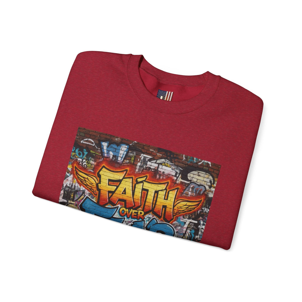 Faith Over Fear Sweatshirt – Graffiti Wall Christian Sweatshirt for Bold 2 Corinthians 5:7 Streetwear & Unshakable Faith Printify