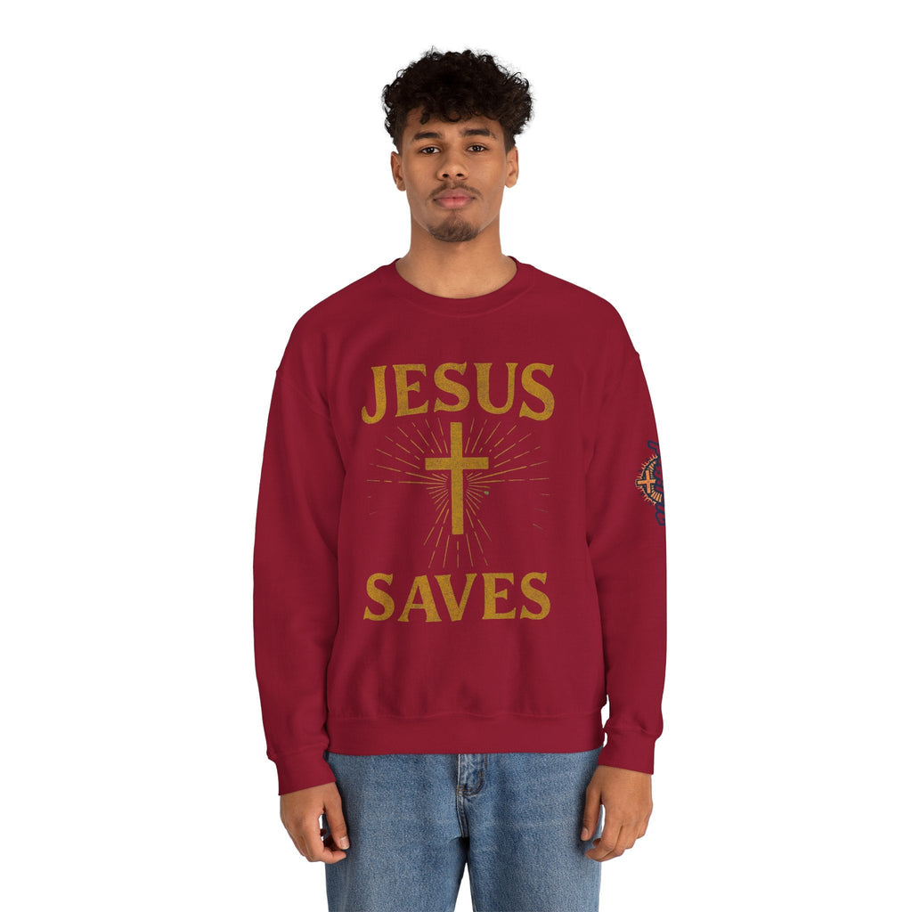 Jesus Saves Sweatshirt – Radiant Cross & Rays of Light Christian Sweatshirt for Eternal Hope & Faith Printify
