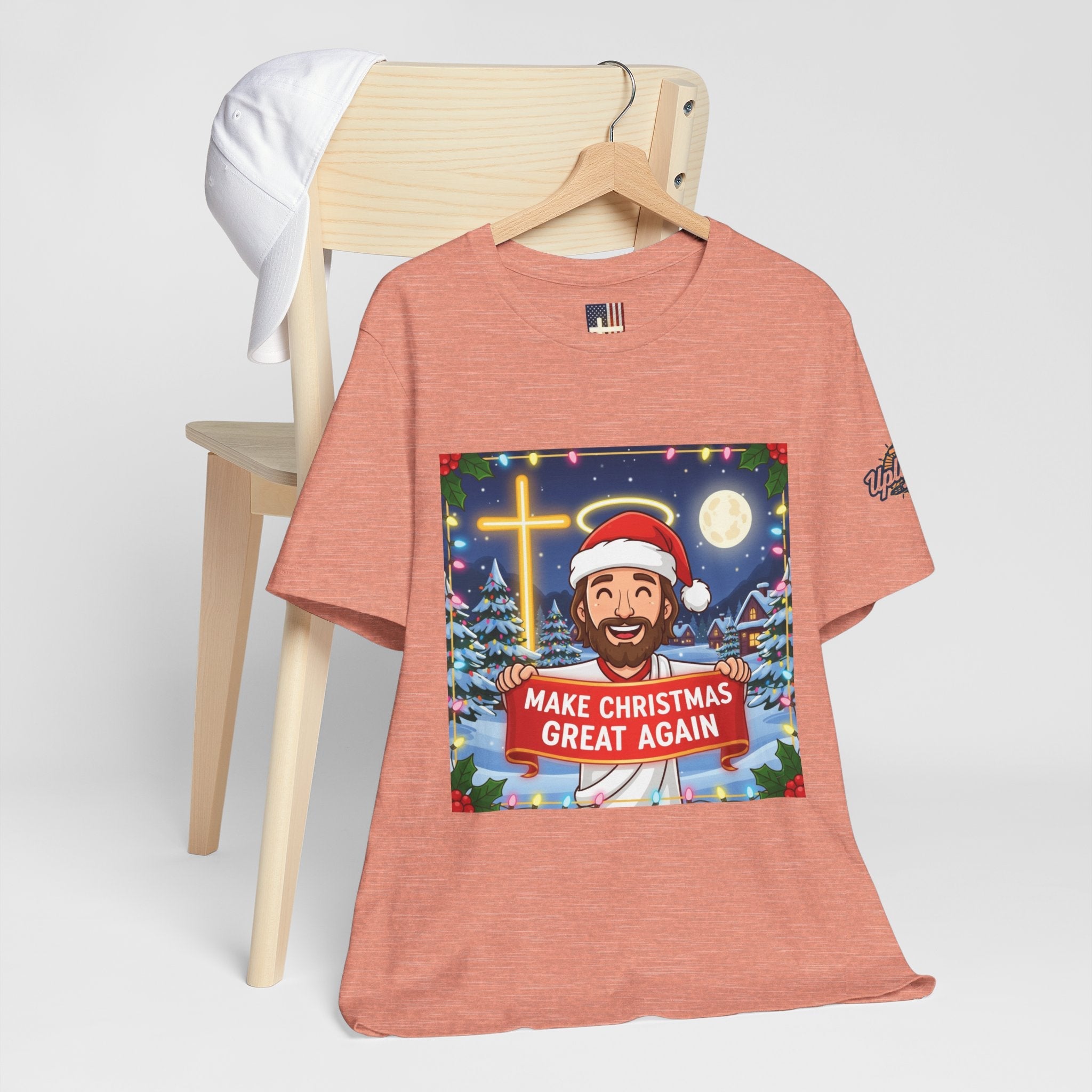 🎄 Make Christmas Great Again – Funny Christian T-Shirt | Jesus Holding Banner | Faith-Based Holiday Parody Tee | Uplifted Gear Printify