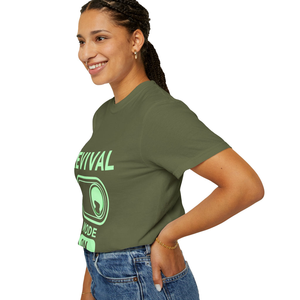 🔥 Revival Mode: ON – Christian Techwear T-Shirt | Glowing Green Faith Switch | Futuristic Jesus Shirt | Activate Your Spiritual Awakening | Uplifted Gear Printify