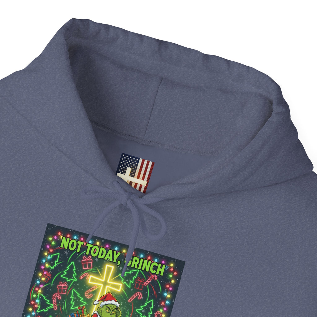 🎄 Not Today, Grinch – Jesus Saves | Funny Christian Christmas Hoodie | Festive Green & Red Cartoon Style | Bold Faith Holiday Tee by Uplifted Gear Printify