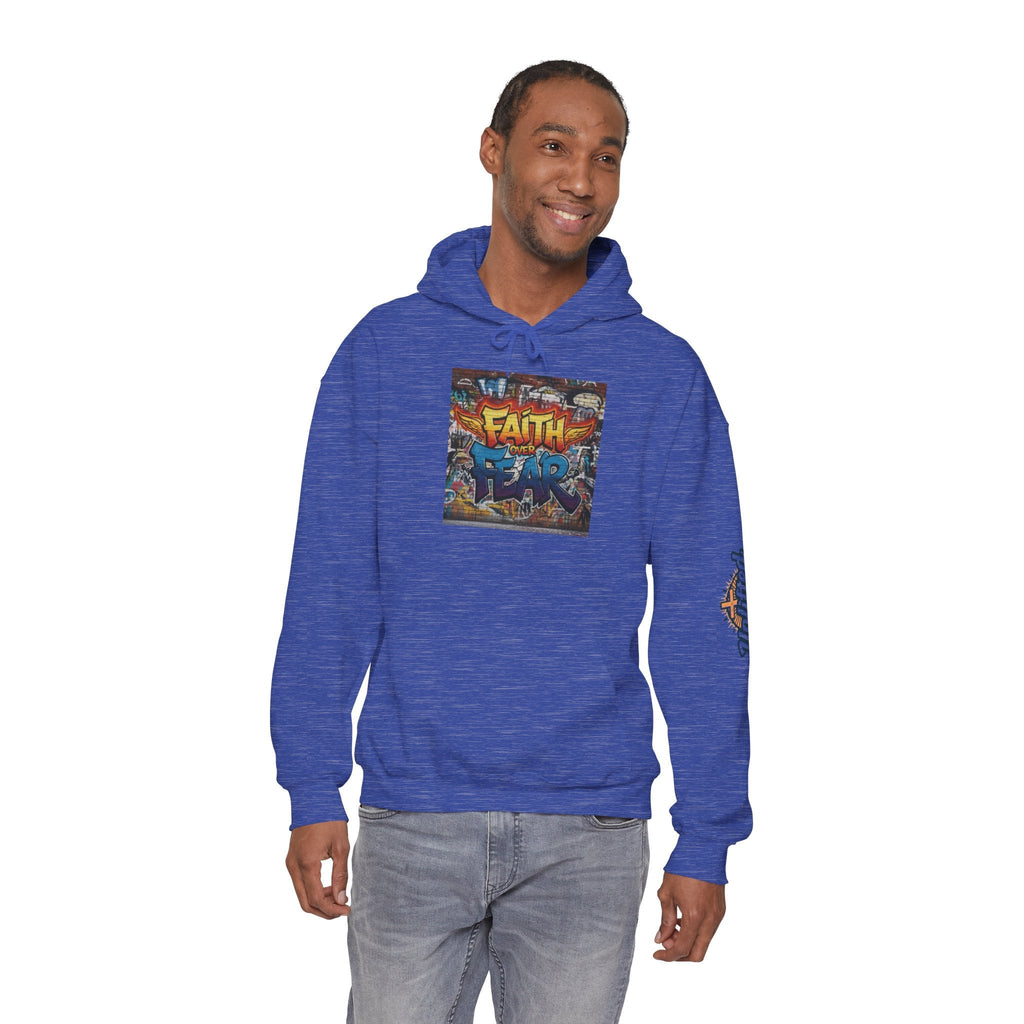 Faith Over Fear Hoodie – Graffiti Wall Christian Sweatshirt for Bold 2 Corinthians 5:7 Streetwear & Unshakable Faith Printify