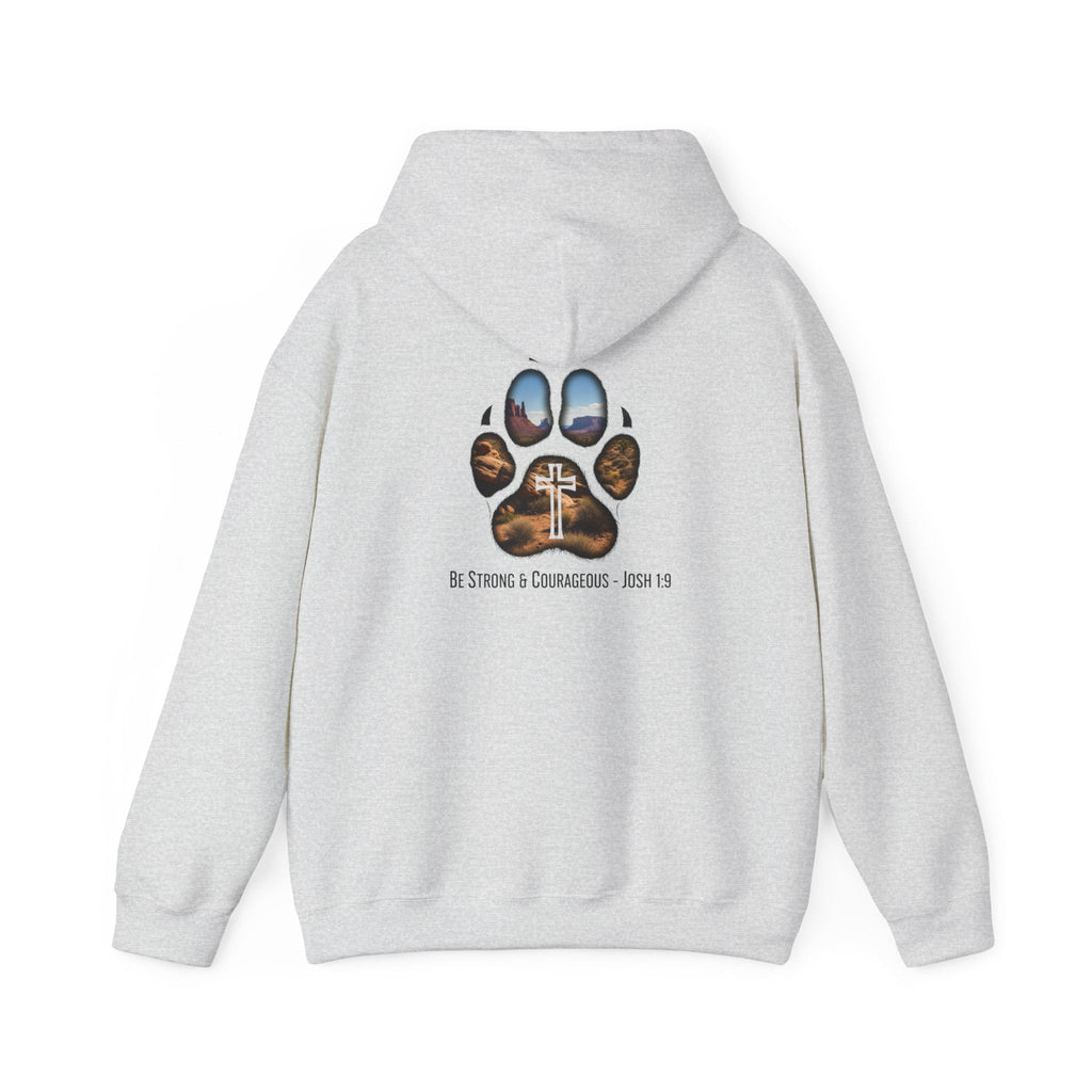 Strong and Courageous Hoodie – Joshua 1:9 Canine Pawprint Desert Christian Hoodie for Dog Lovers Printify