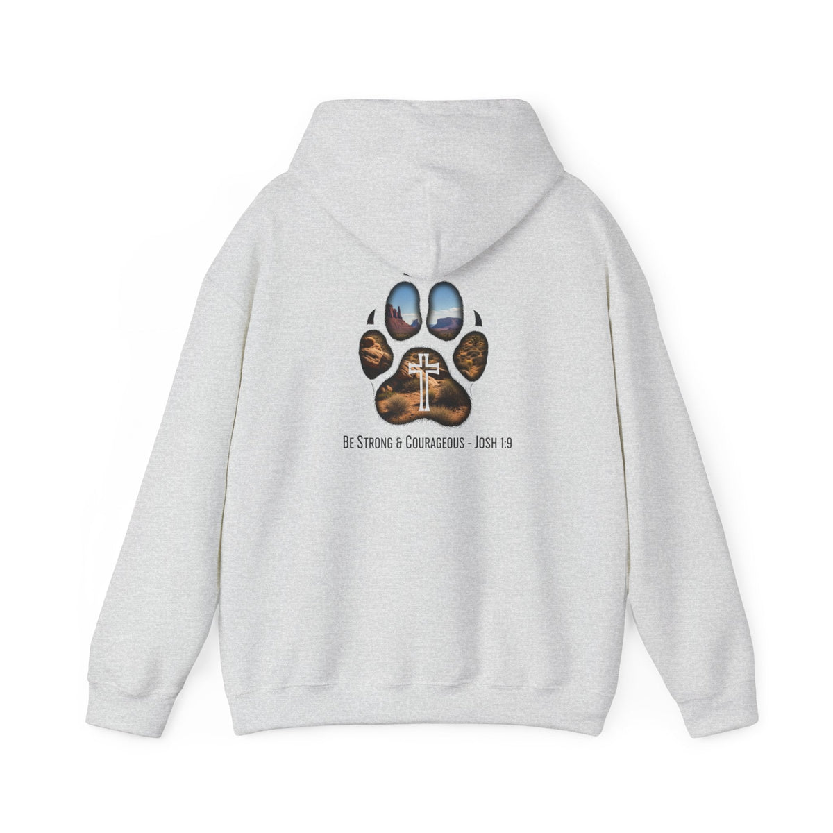 Strong and Courageous Hoodie – Joshua 1:9 Canine Pawprint Desert Christian Hoodie for Dog Lovers Printify