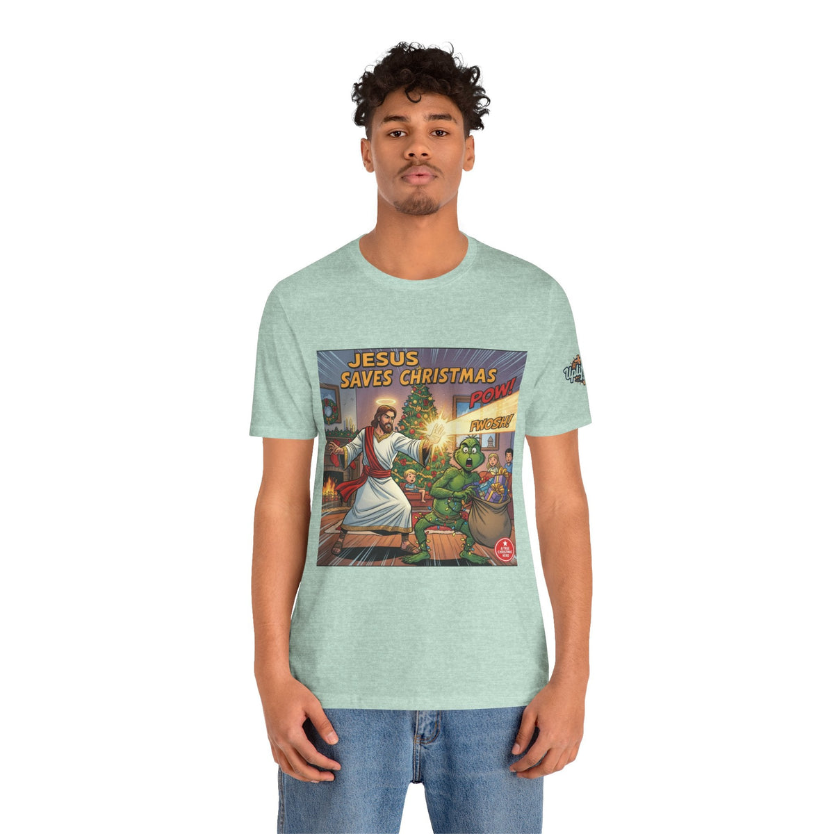 Jesus Saves Christmas T-shirt – Grinch vs Savior Light Battle Christian T-shirt for Hilarious Holiday Faith & True Joy Printify