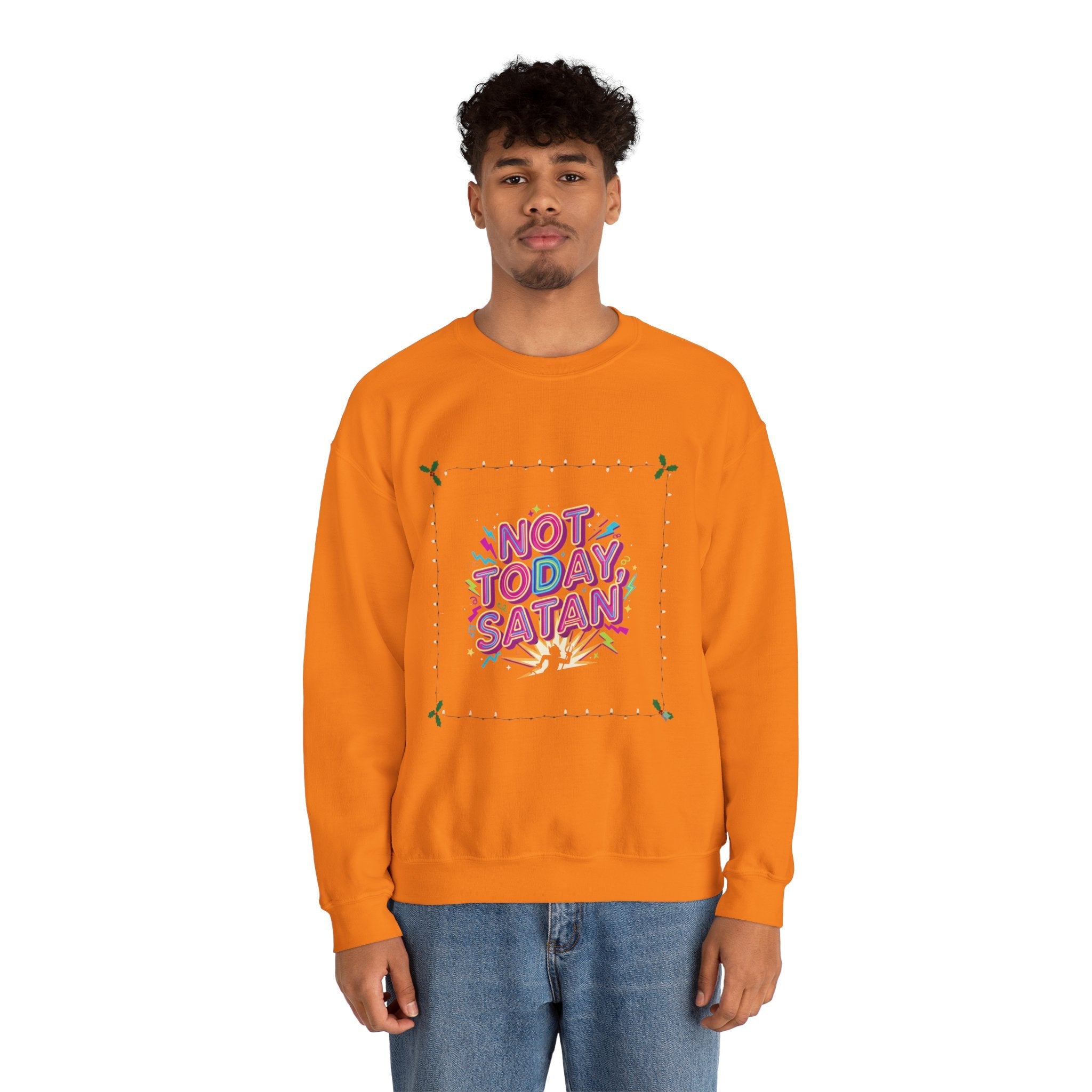 🔥 Not Today, Satan – Retro 90s Christian Sweatshirt | Neon Faith Tee | Funky Cartoon Devil | Bold Bible Verse Shirt | Uplifted Gear Printify