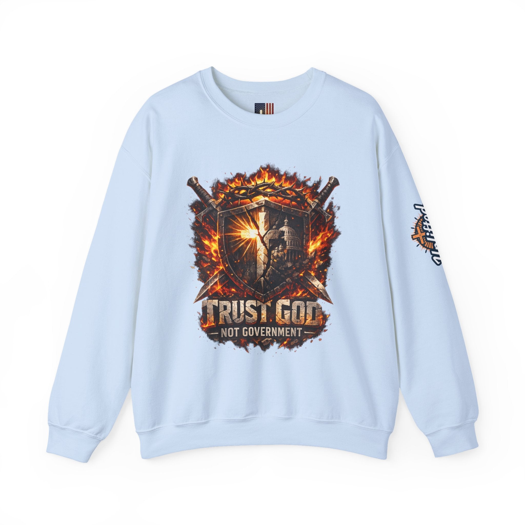 Trust God Not Government Shield Sweatshirt — Patriotic Christian Faith Sweatshirt Printify