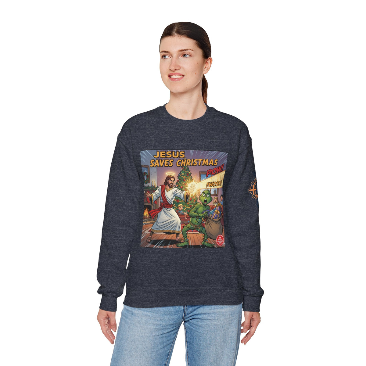Jesus Saves Christmas Sweatshirt – Grinch vs Savior Light Battle Christian Sweatshirt for Hilarious Holiday Faith & True Joy Printify