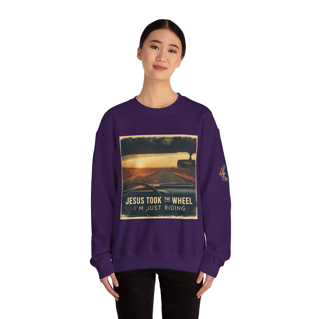 Jesus Took the Wheel I'm Just Riding Sweatshirt – Funny Christian Convertible Car Sweatshirt for Surrendered Faith & Humor