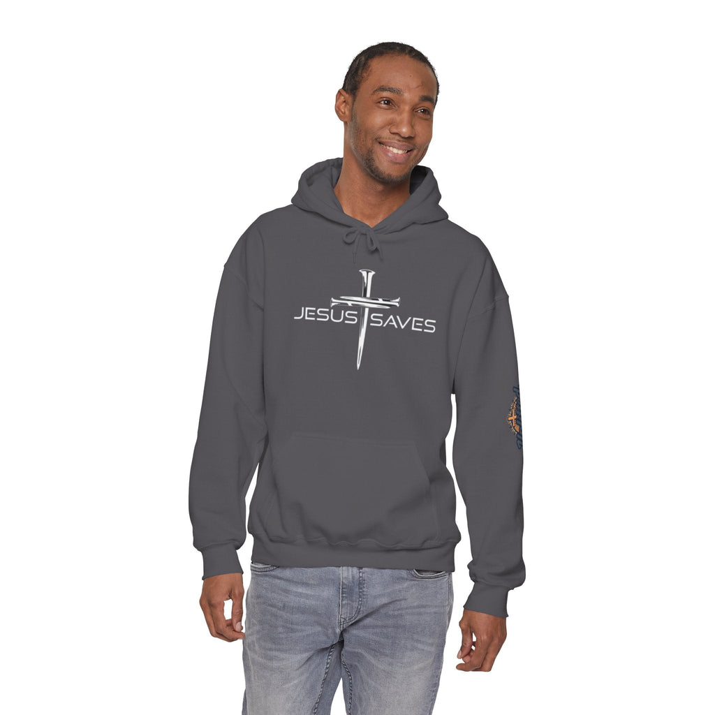 Jesus Saves Hoodie – 3 Nails Crucifix Cross Christian Sweatshirt for Redemption Faith & Bold Salvation Printify