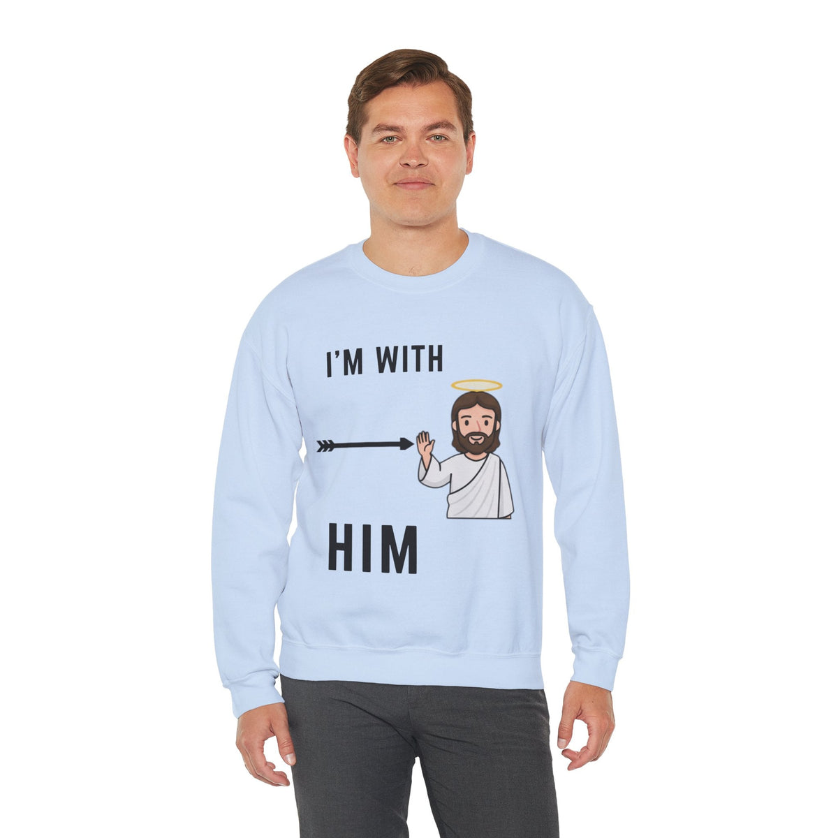 🔥 I’m With Him → Christian Sweatshirt | Arrow Pointing to Jesus | Minimalist Faith Tee | Subtle Cross Design | Bible-Inspired Apparel by Uplifted Gear Printify