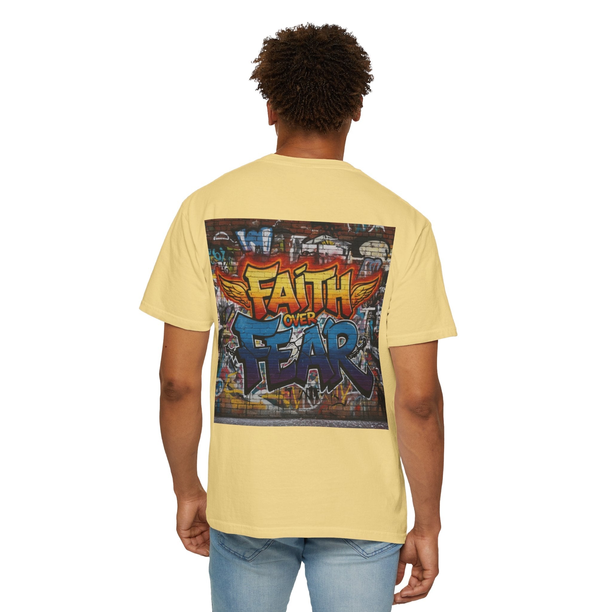 Faith Over Fear T-shirt – Graffiti Wall Christian T-shirt for Bold 2 Corinthians 5:7 Streetwear & Unshakable Faith Printify