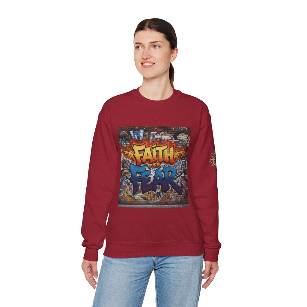 Faith Over Fear Sweatshirt – Graffiti Wall Christian Sweatshirt for Bold 2 Corinthians 5:7 Streetwear & Unshakable Faith Printify