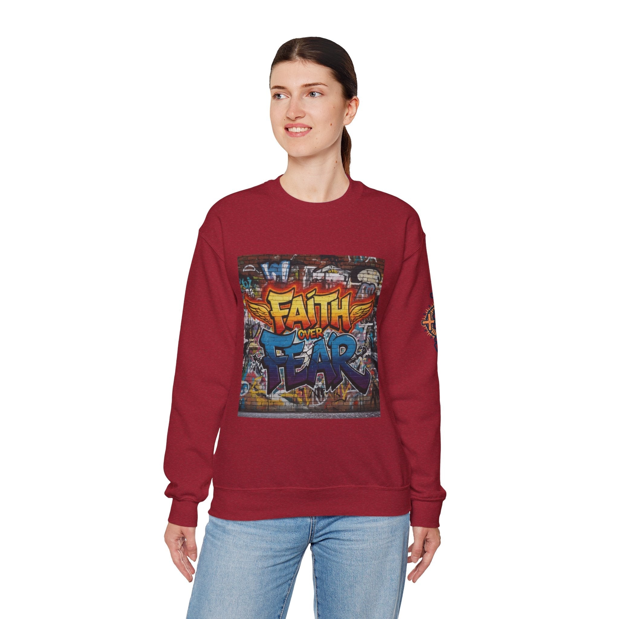 Faith Over Fear Sweatshirt – Graffiti Wall Christian Sweatshirt for Bold 2 Corinthians 5:7 Streetwear & Unshakable Faith Printify