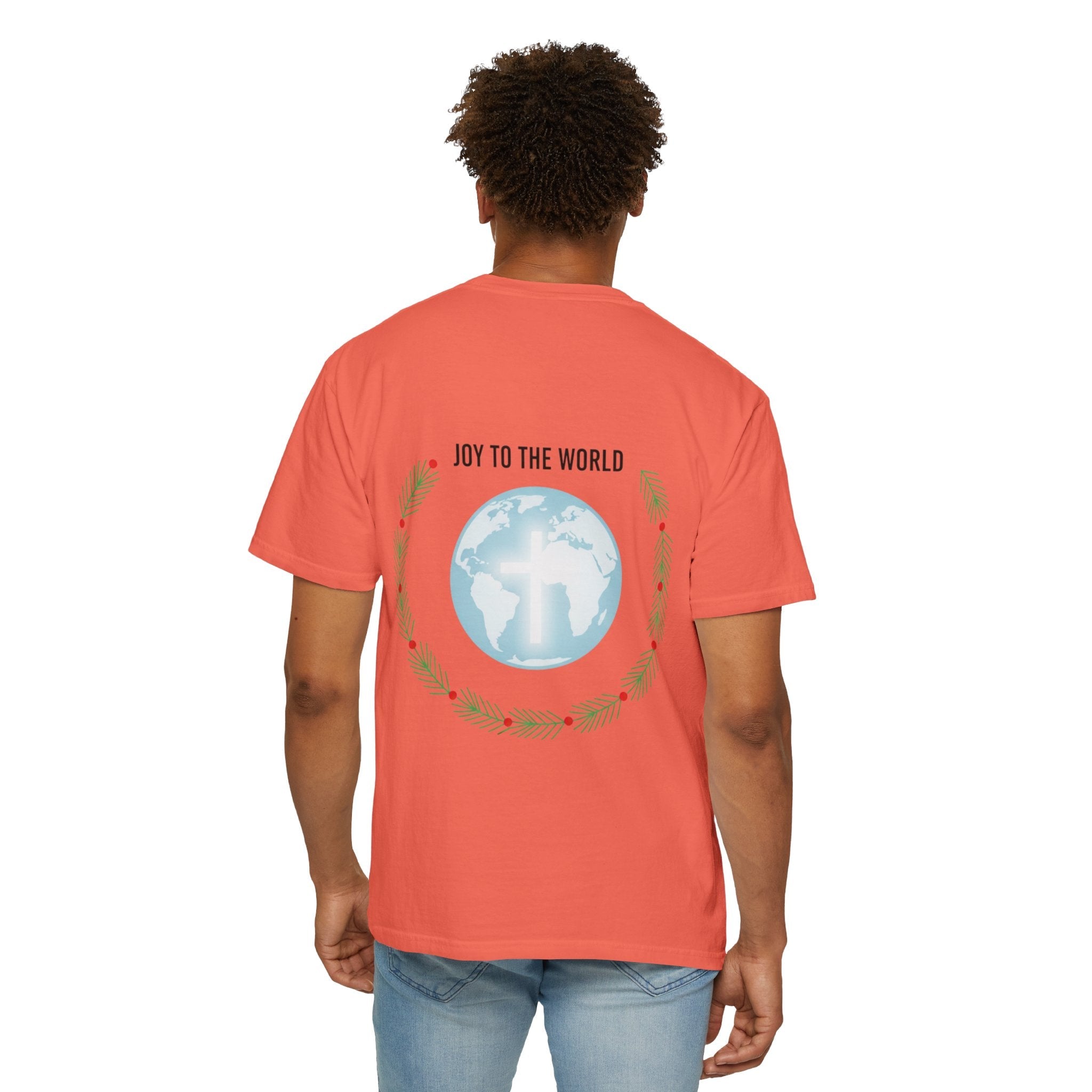 Joy to the World T-shirt – Wreath Earth Nativity Christian Christmas T-shirt for Isaiah 9:6 Holiday Faith & Festive Joy Printify