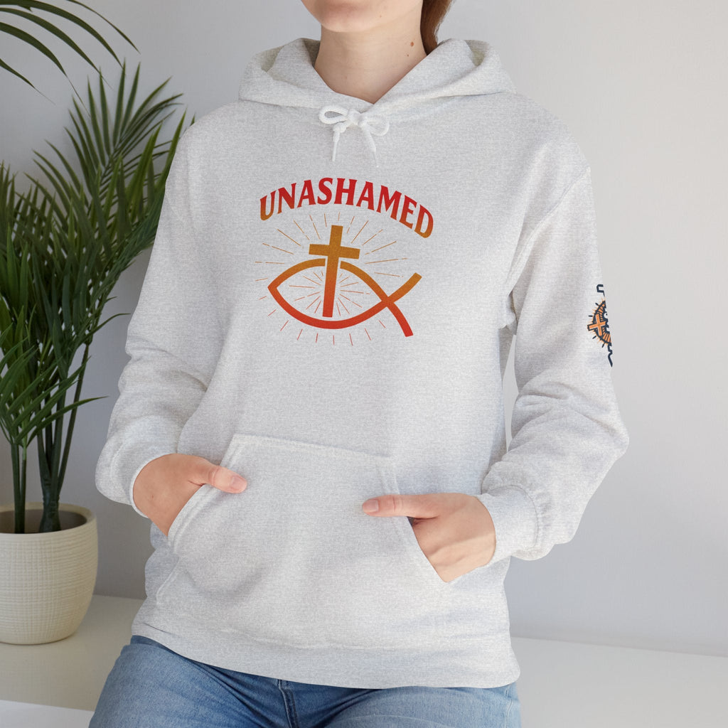 Unashamed Hoodie – Ichthys Jesus Fish & Cross Christian Sweatshirt for Romans 1:16 Bold Faith Printify
