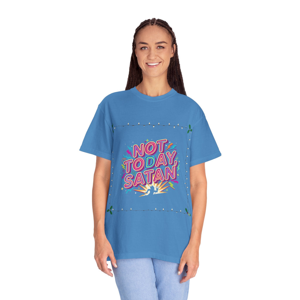🔥 Not Today, Satan – Retro 90s Christian T-Shirt | Neon Faith Tee | Funky Cartoon Devil | Bold Bible Verse Shirt | Uplifted Gear Printify