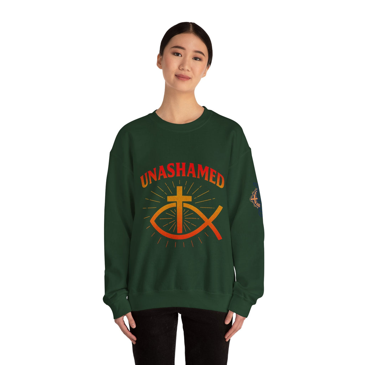 Unashamed Sweatshirt – Ichthys Jesus Fish & Cross Christian Sweatshirt for Romans 1:16 Bold Faith Printify