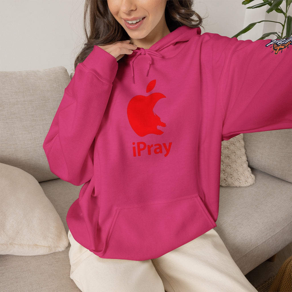 iPray Apple Logo Hoodie — Funny Christian Hoodie (Minimal Red Apple Graphic) Printify
