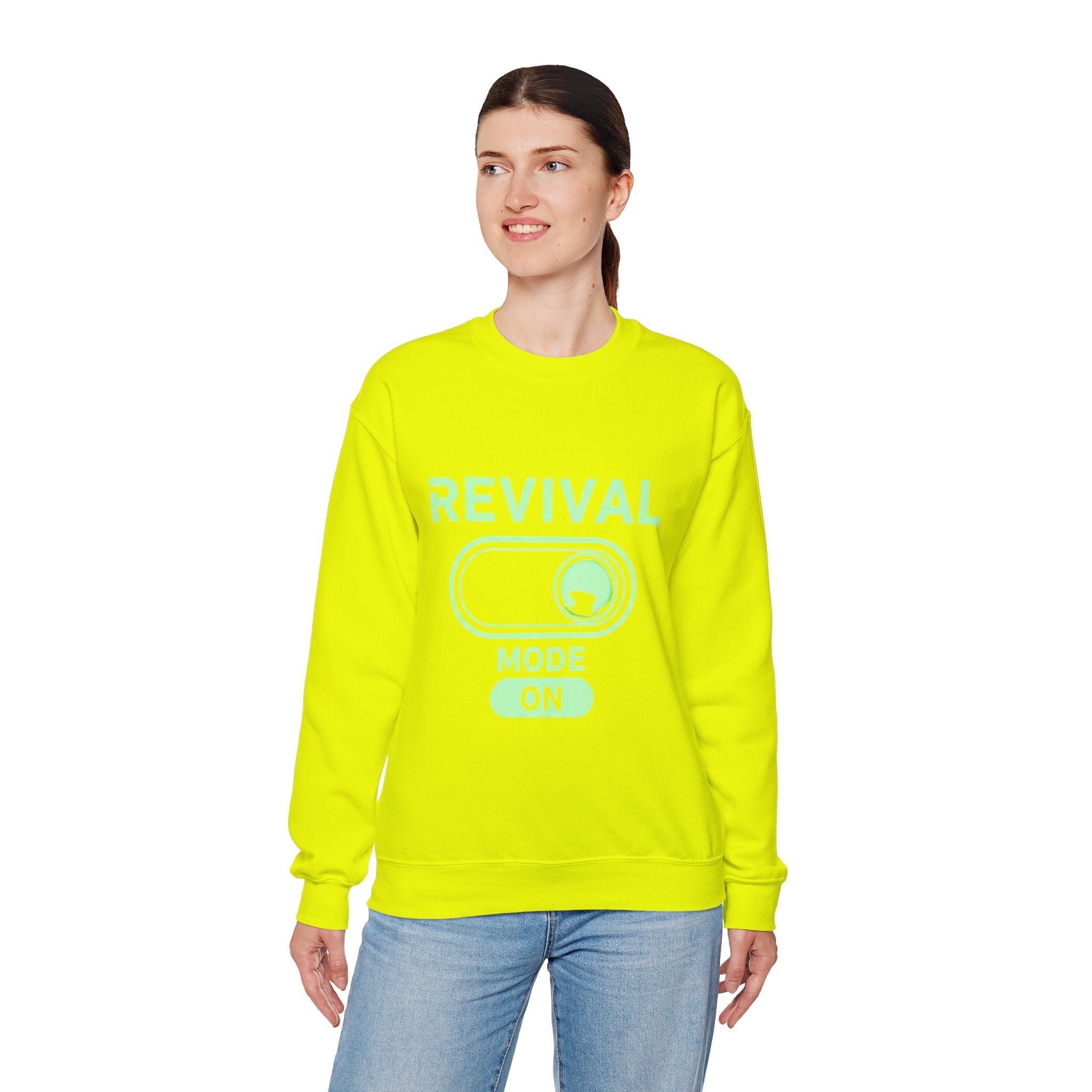 🔥 Revival Mode: ON – Christian Techwear Sweatshirt | Glowing Green Faith Switch | Futuristic Jesus Shirt | Activate Your Spiritual Awakening | Uplifted Gear Printify