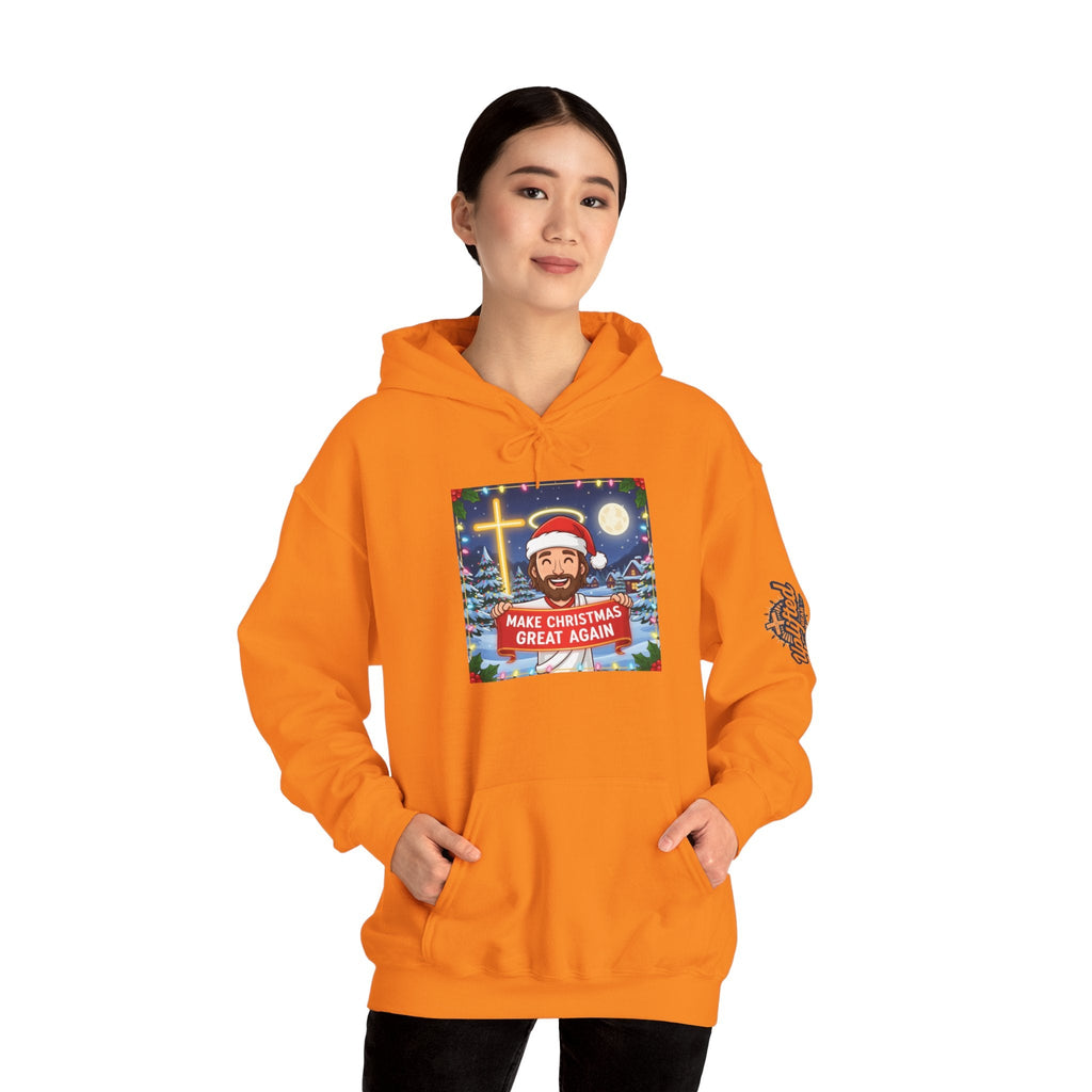 🎄 Make Christmas Great Again – Funny Christian Hoodie | Jesus Holding Banner | Faith-Based Holiday Parody Tee | Uplifted Gear Printify
