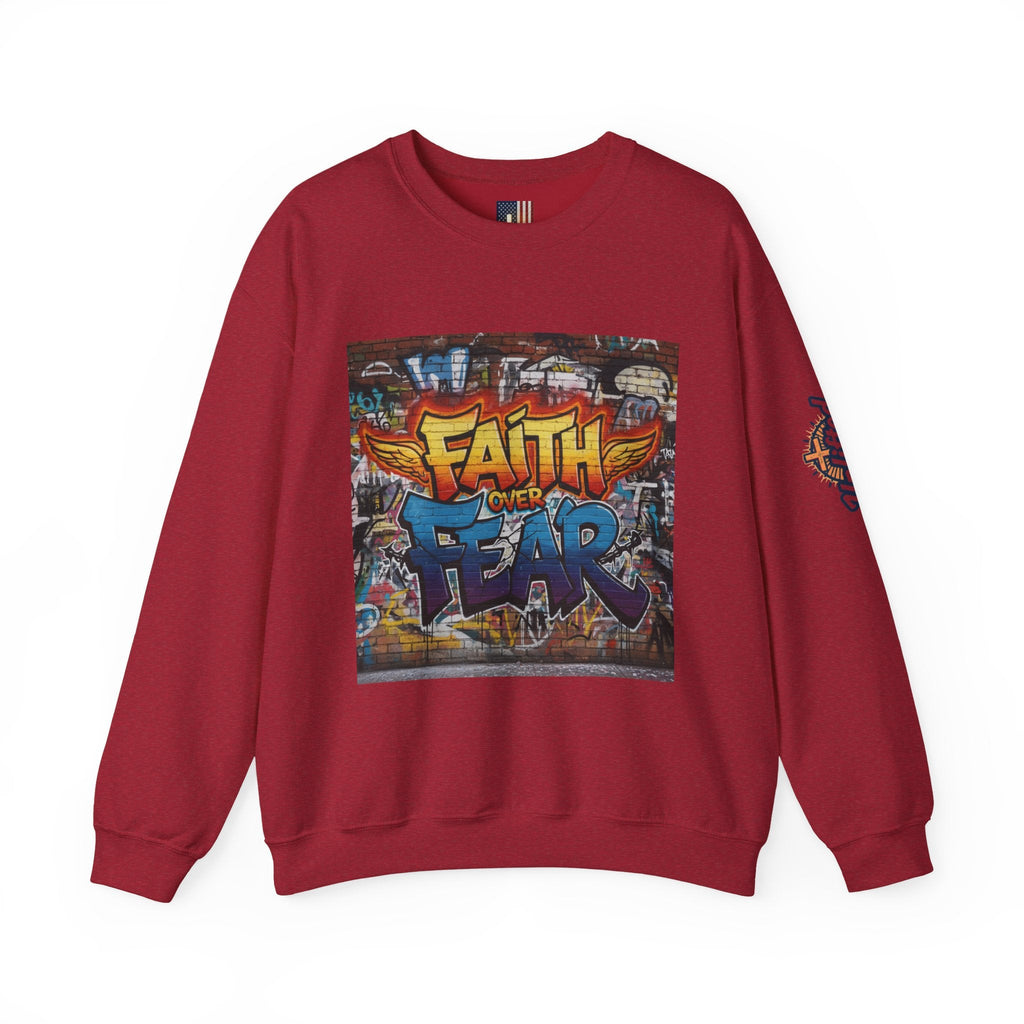 Faith Over Fear Sweatshirt – Graffiti Wall Christian Sweatshirt for Bold 2 Corinthians 5:7 Streetwear & Unshakable Faith Printify