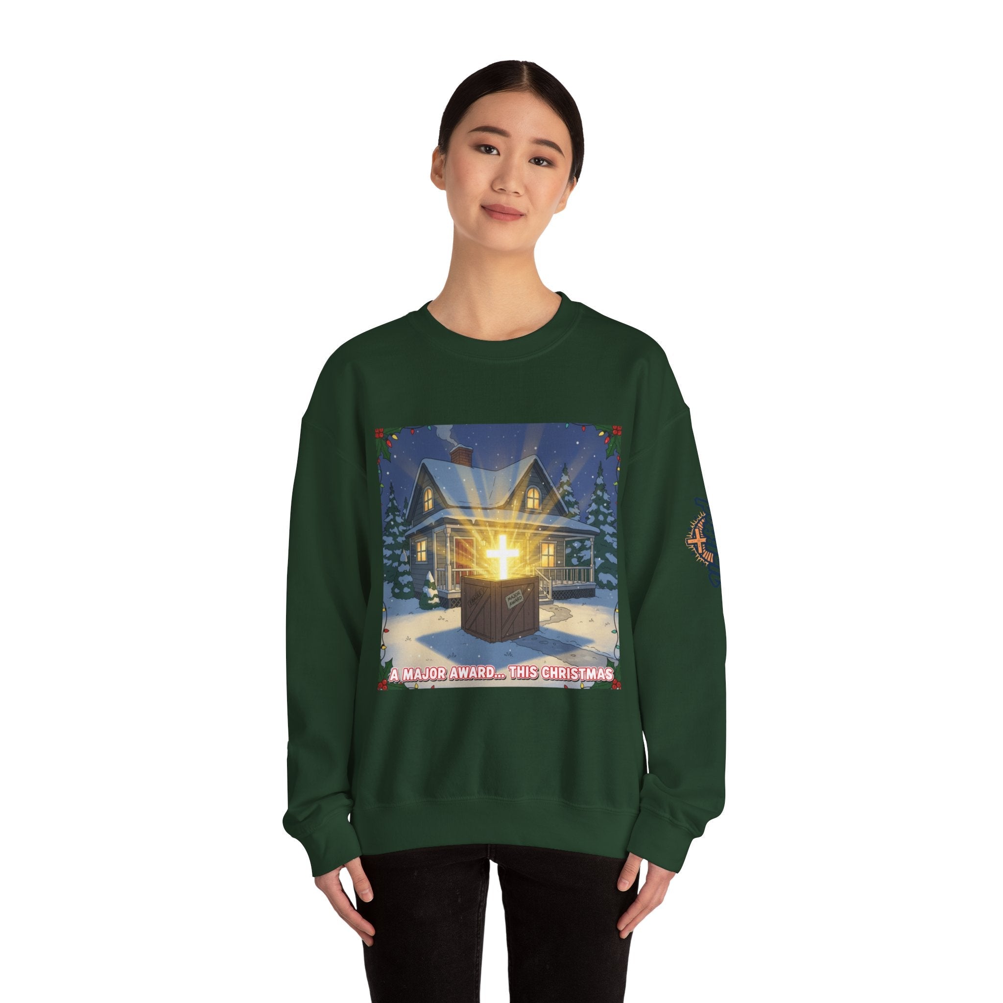 A Major Award This Christmas Sweatshirt – Fragile Leg Lamp Parody Cross Unboxing Christian Sweatshirt for Hilarious Faith & Holiday Glow Printify