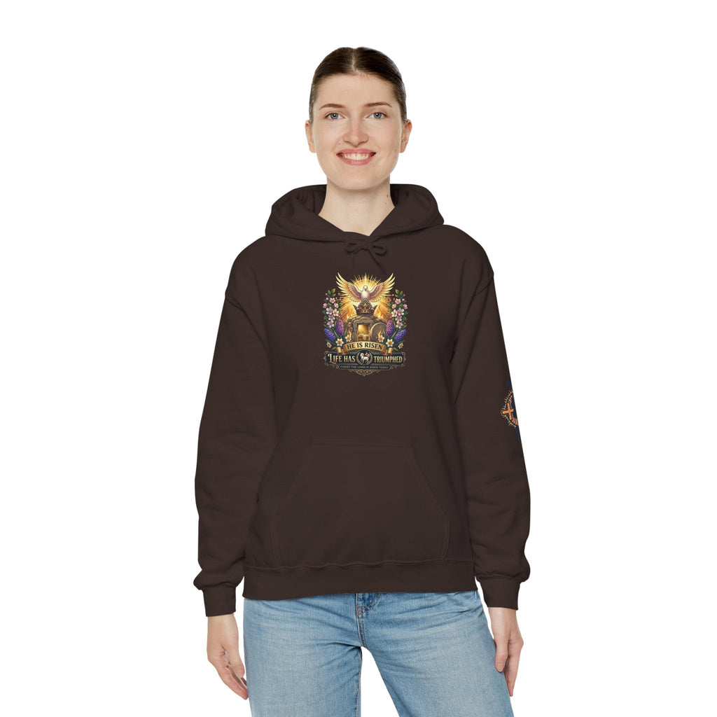 He Is Risen "Life Has Triumphed" Hoodie — Easter Resurrection Christian Hoodie Printify