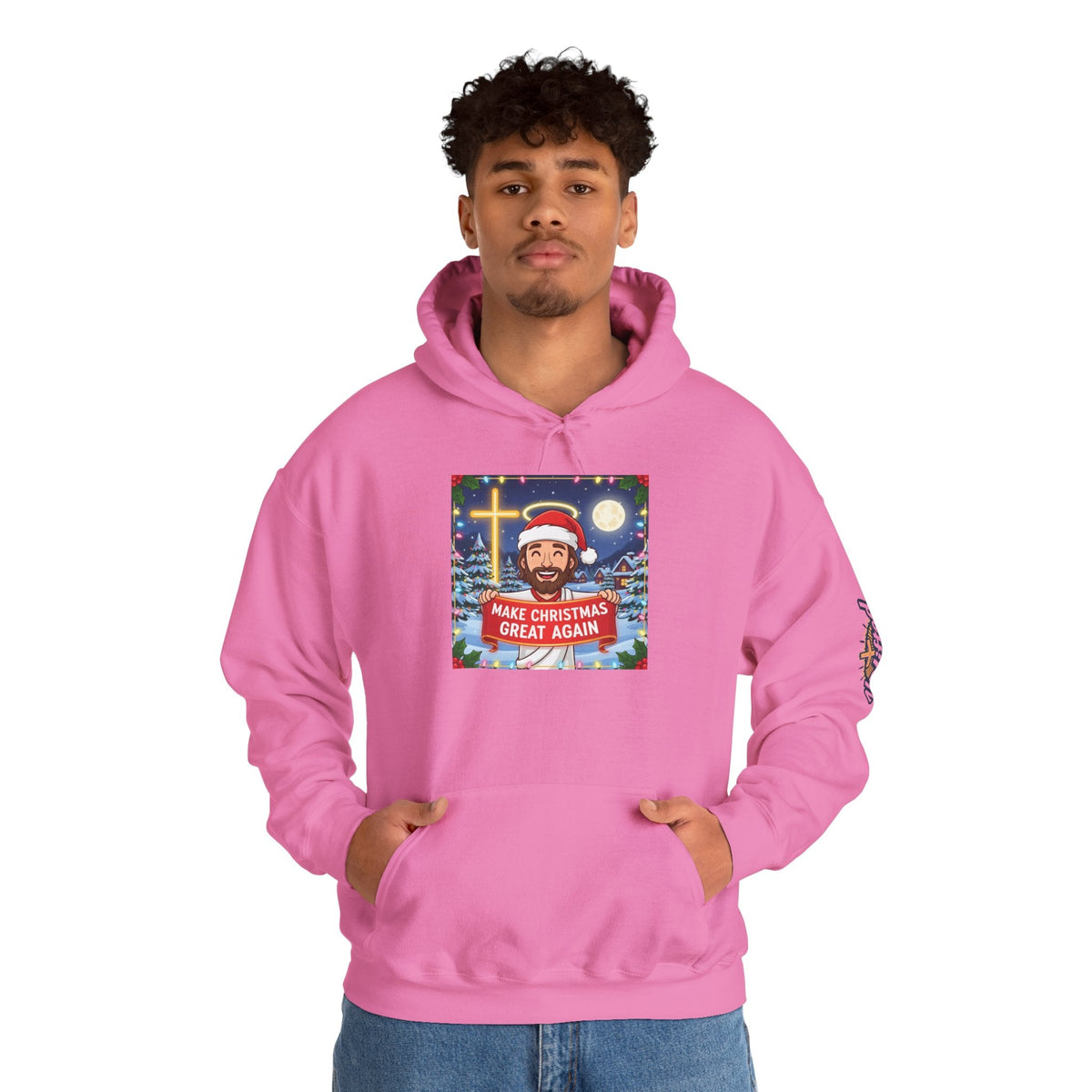 🎄 Make Christmas Great Again – Funny Christian Hoodie | Jesus Holding Banner | Faith-Based Holiday Parody Tee | Uplifted Gear Printify