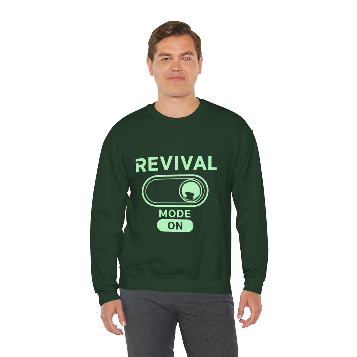 🔥 Revival Mode: ON – Christian Techwear Sweatshirt | Glowing Green Faith Switch | Futuristic Jesus Shirt | Activate Your Spiritual Awakening | Uplifted Gear Printify