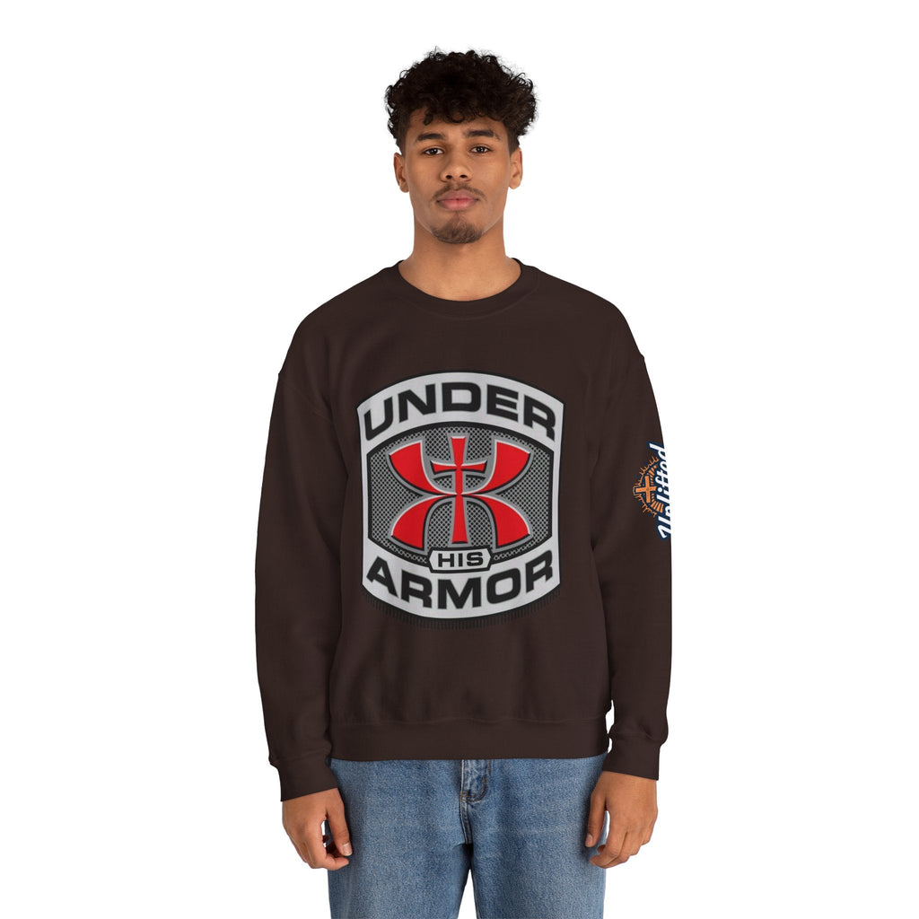 Under His Armor Crewneck Sweatshirt — Christian Faith Graphic Pullover Printify