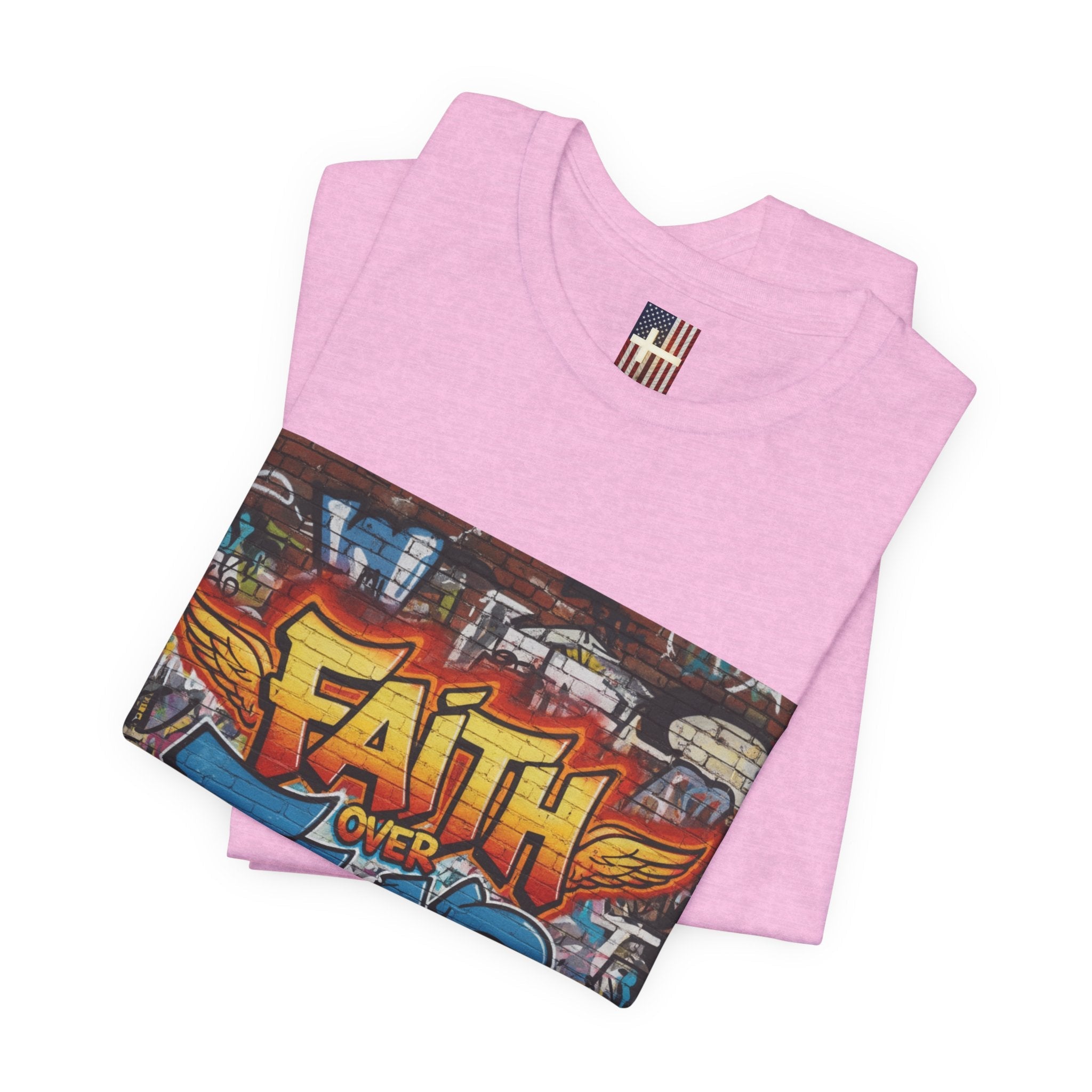 Faith Over Fear T-shirt – Graffiti Wall Christian T-shirt for Bold 2 Corinthians 5:7 Streetwear & Unshakable Faith Printify