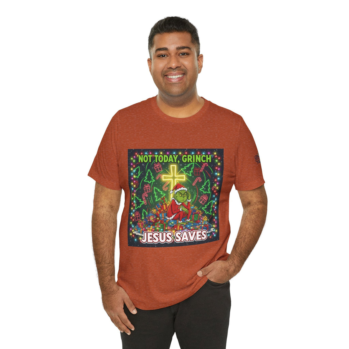 🎄 Not Today, Grinch – Jesus Saves | Funny Christian Christmas T-Shirt | Festive Green & Red Cartoon Style | Bold Faith Holiday Tee by Uplifted Gear Printify